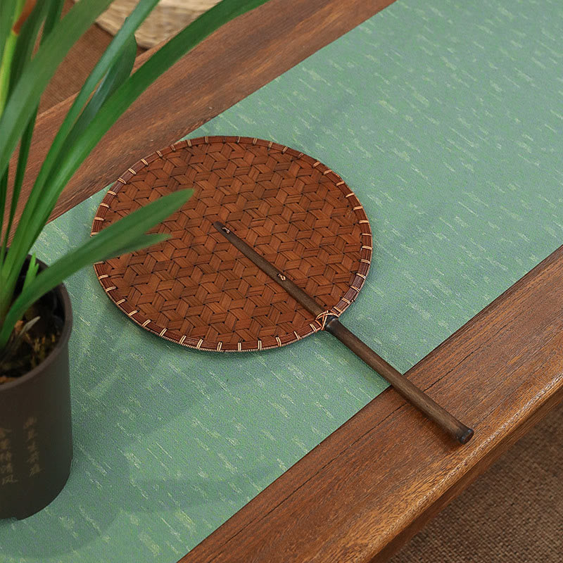 Buddha Stones Vintage Chinese Style Handmade Round Octagonal Shaped Bamboo Long Handle Fan - image 4