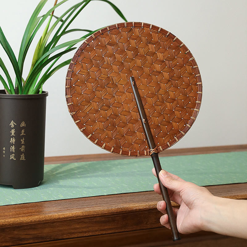 Buddha Stones Vintage Chinese Style Handmade Round Octagonal Shaped Bamboo Long Handle Fan - image 1