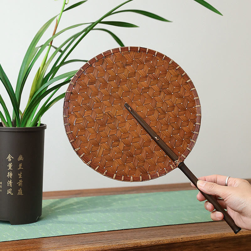 Buddha Stones Vintage Chinese Style Handmade Round Octagonal Shaped Bamboo Long Handle Fan - image 3