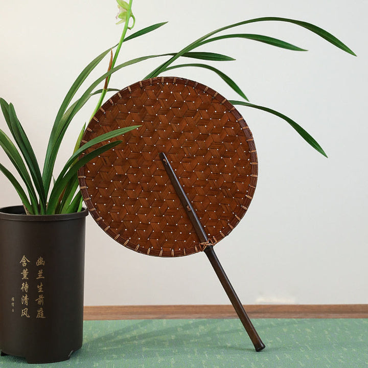 Buddha Stones Vintage Chinese Style Handmade Round Octagonal Shaped Bamboo Long Handle Fan - image 2