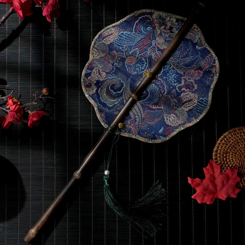 Buddha Stones Handmade Shell Scales Leaves Epiphyllum Pattern Long Purple Bamboo Handle Portable Curlable Fan - Dark Blue Flower 22*50cm - image 1