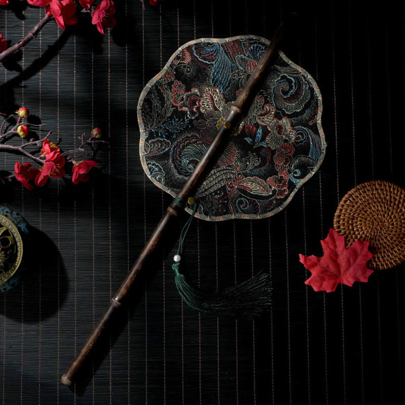 Buddha Stones Handmade Shell Scales Leaves Epiphyllum Pattern Long Purple Bamboo Handle Portable Curlable Fan - Black Flower 22*50cm - image 2