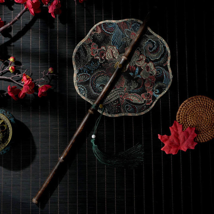 Buddha Stones Handmade Shell Scales Leaves Epiphyllum Pattern Long Purple Bamboo Handle Portable Curlable Fan - Black Flower 22*50cm - image 2