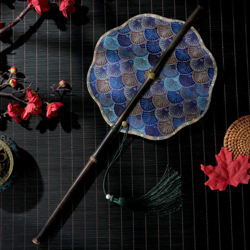 Buddha Stones Handmade Shell Scales Leaves Epiphyllum Pattern Long Purple Bamboo Handle Portable Curlable Fan - Shell Scales Blue 22*50cm - image 0