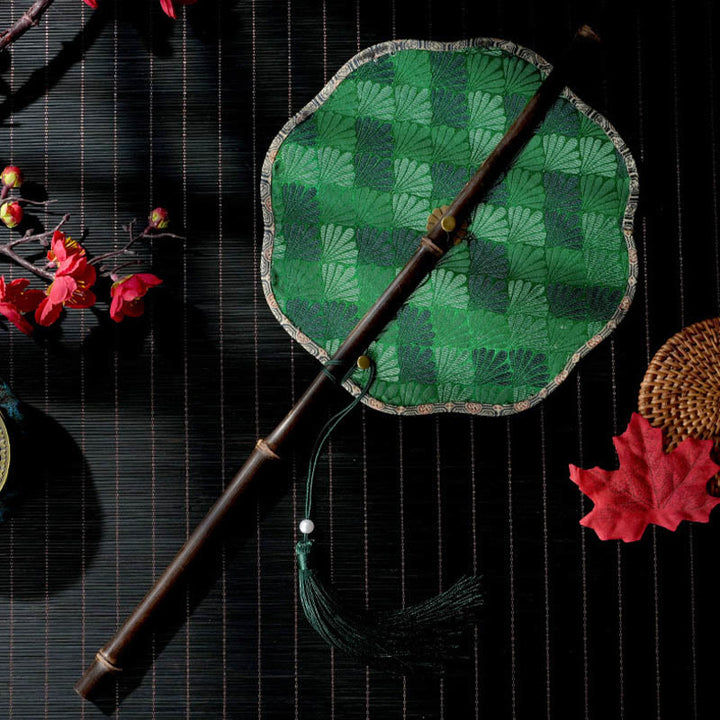 Buddha Stones Handmade Shell Scales Leaves Epiphyllum Pattern Long Purple Bamboo Handle Portable Curlable Fan - Green Leaves 22*50cm - image 3