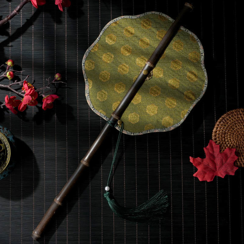 Buddha Stones Handmade Shell Scales Leaves Epiphyllum Pattern Long Purple Bamboo Handle Portable Curlable Fan - Green Epiphyllum 22*50cm - image 4