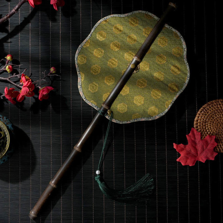 Buddha Stones Handmade Shell Scales Leaves Epiphyllum Pattern Long Purple Bamboo Handle Portable Curlable Fan - Green Epiphyllum 22*50cm - image 4