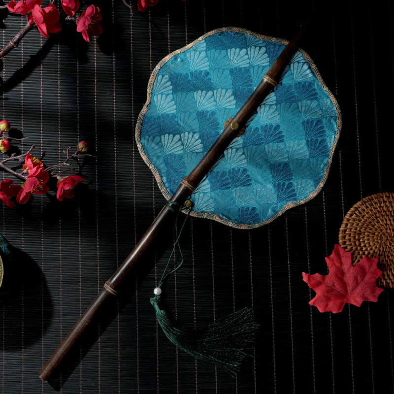 Buddha Stones Handmade Shell Scales Leaves Epiphyllum Pattern Long Purple Bamboo Handle Portable Curlable Fan - Light Blue Leaves 22*50cm - image 5