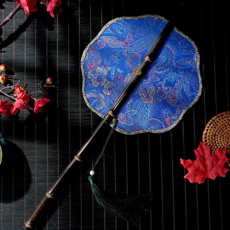 Buddha Stones Handmade Shell Scales Leaves Epiphyllum Pattern Long Purple Bamboo Handle Portable Curlable Fan - Sky Blue Flower 22*50cm - image 6