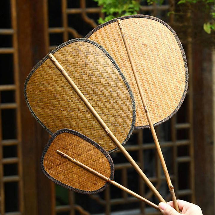 Buddha Stones Summer Retro Chinese Style Handmade Bamboo Woven Round Banana Shape Long Handle Fan - image 0