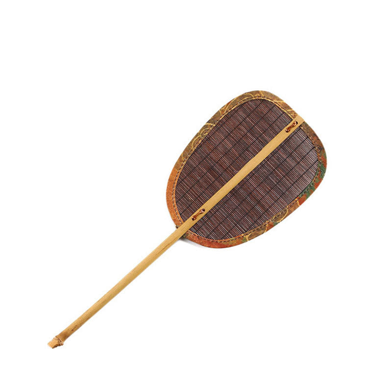 Buddha Stones Summer Retro Chinese Style Handmade Bamboo Woven Round Banana Shape Long Handle Fan - Brown Oval 11*15*31cm - image 2
