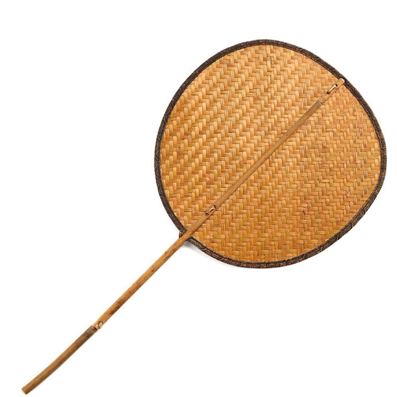 Buddha Stones Summer Retro Chinese Style Handmade Bamboo Woven Round Banana Shape Long Handle Fan - Round 23*45cm - image 7