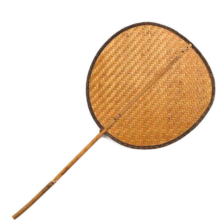 Buddha Stones Summer Retro Chinese Style Handmade Bamboo Woven Round Banana Shape Long Handle Fan - Round 23*45cm - image 7