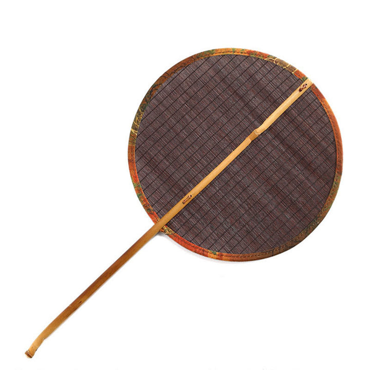 Buddha Stones Summer Retro Chinese Style Handmade Bamboo Woven Round Banana Shape Long Handle Fan - Round Brown 25*45cm - image 11