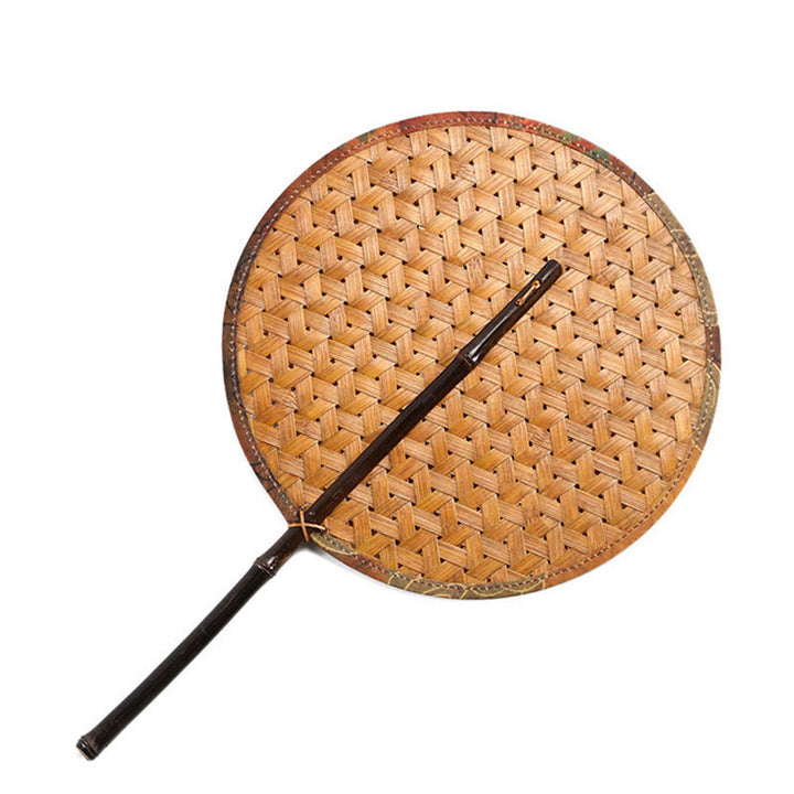Buddha Stones Summer Retro Chinese Style Handmade Bamboo Woven Round Banana Shape Long Handle Fan - Purple Bamboo Handle Tortoise Pattern 25*40cm - image 16