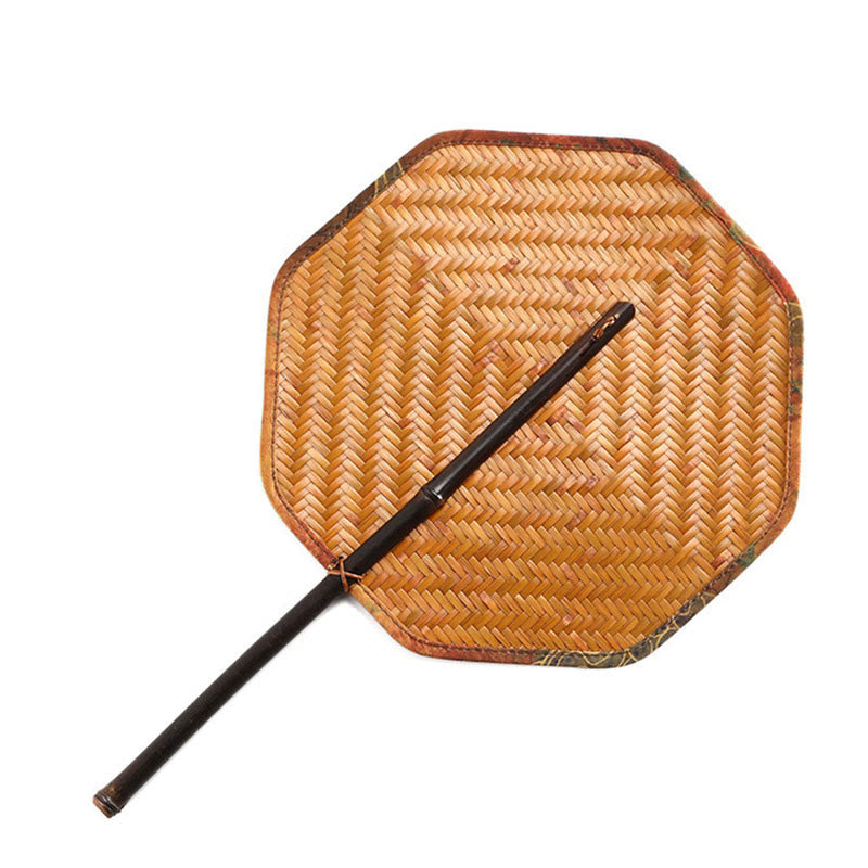 Buddha Stones Summer Retro Chinese Style Handmade Bamboo Woven Round Banana Shape Long Handle Fan - Purple Bamboo Handle Octagonal Pattern 25*40cm - image 21