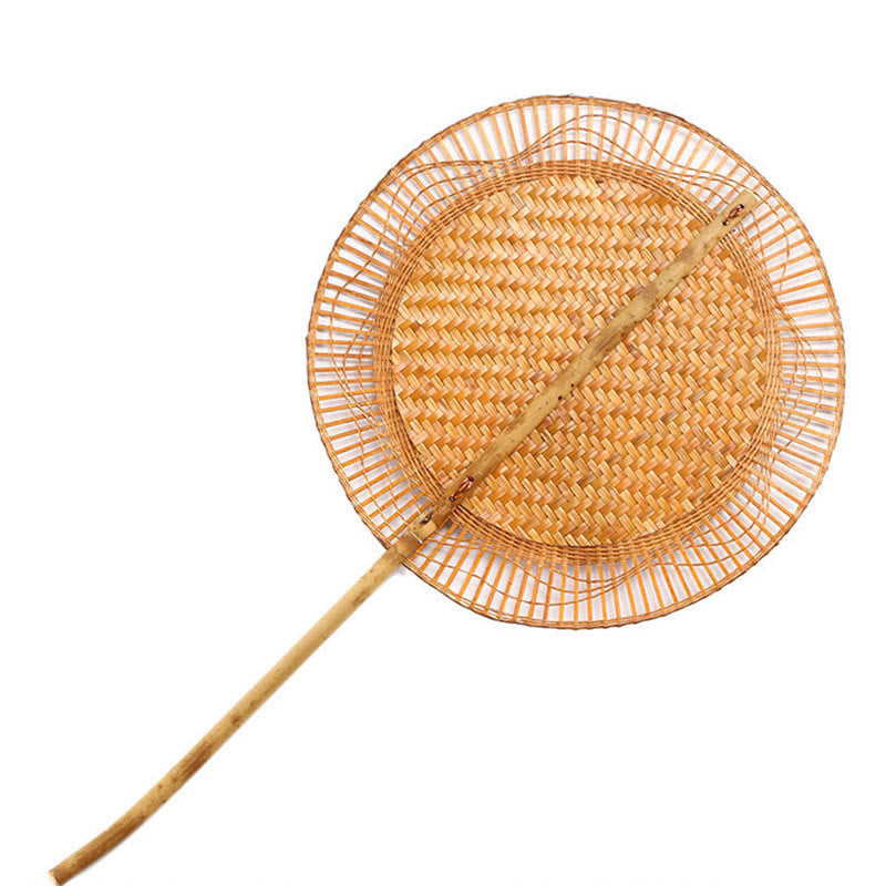 Buddha Stones Summer Retro Chinese Style Handmade Bamboo Woven Round Banana Shape Long Handle Fan - Round Hollow 25*45cm - image 22