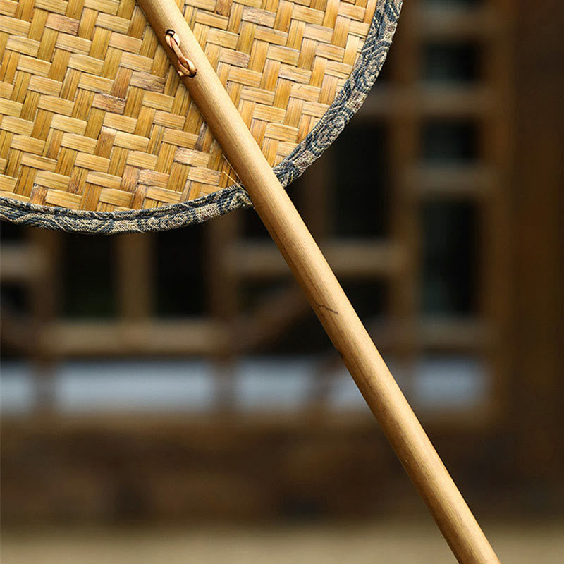 Buddha Stones Summer Retro Chinese Style Handmade Bamboo Woven Round Banana Shape Long Handle Fan - image 6