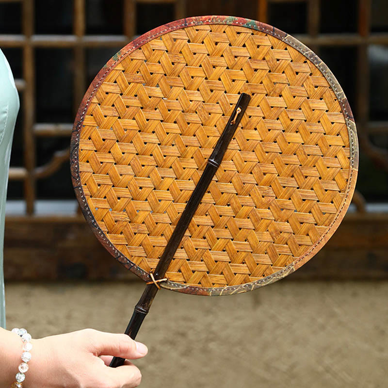 Buddha Stones Summer Retro Chinese Style Handmade Bamboo Woven Round Banana Shape Long Handle Fan - image 17