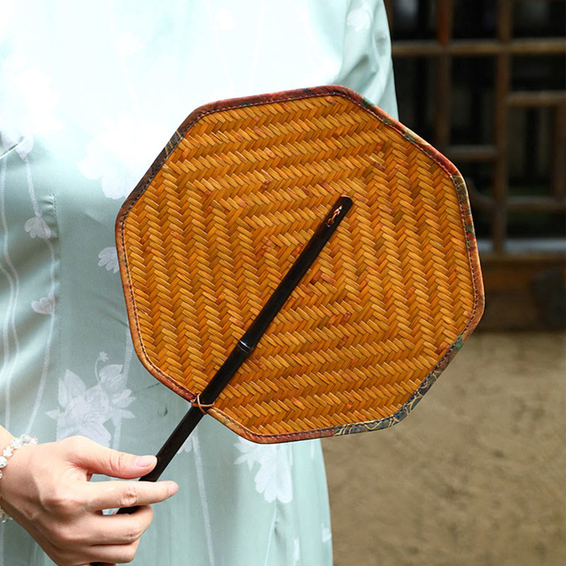 Buddha Stones Summer Retro Chinese Style Handmade Bamboo Woven Round Banana Shape Long Handle Fan - image 24