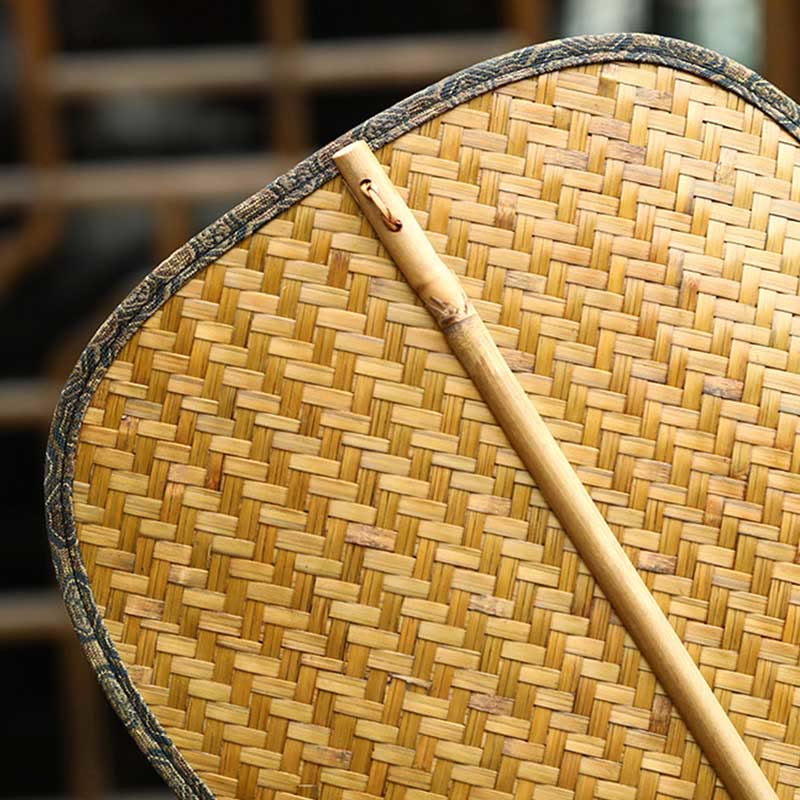 Buddha Stones Summer Retro Chinese Style Handmade Bamboo Woven Round Banana Shape Long Handle Fan - image 5
