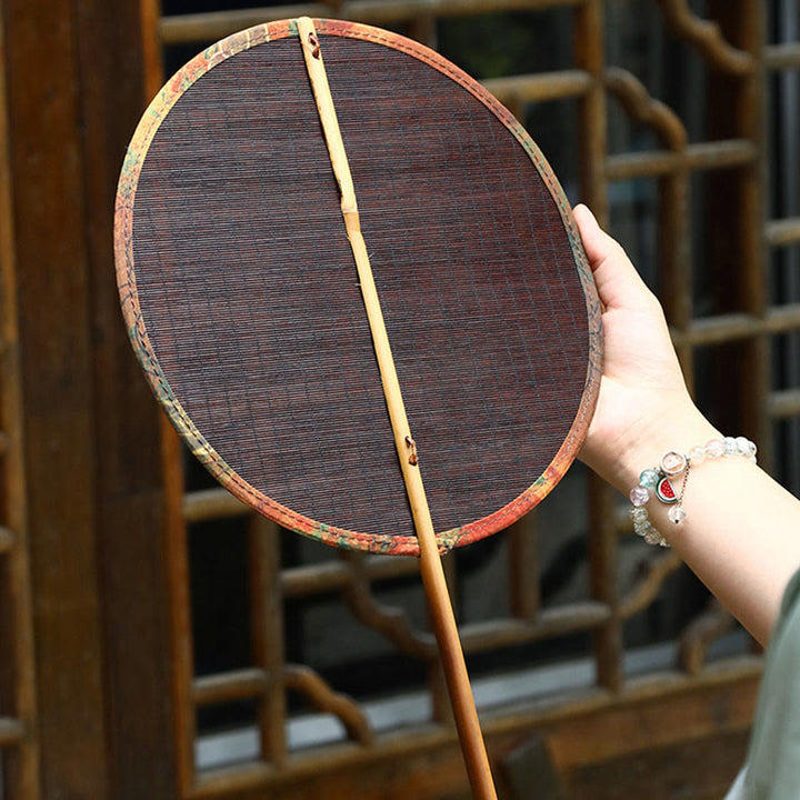 Buddha Stones Summer Retro Chinese Style Handmade Bamboo Woven Round Banana Shape Long Handle Fan - image 12