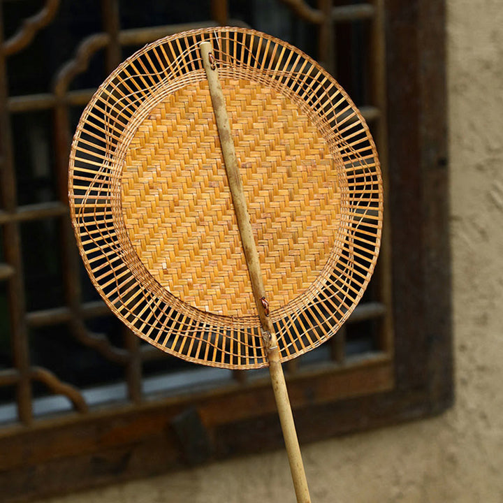 Buddha Stones Summer Retro Chinese Style Handmade Bamboo Woven Round Banana Shape Long Handle Fan - image 23