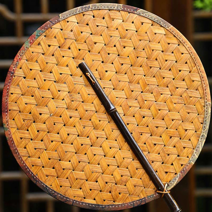 Buddha Stones Summer Retro Chinese Style Handmade Bamboo Woven Round Banana Shape Long Handle Fan - image 18