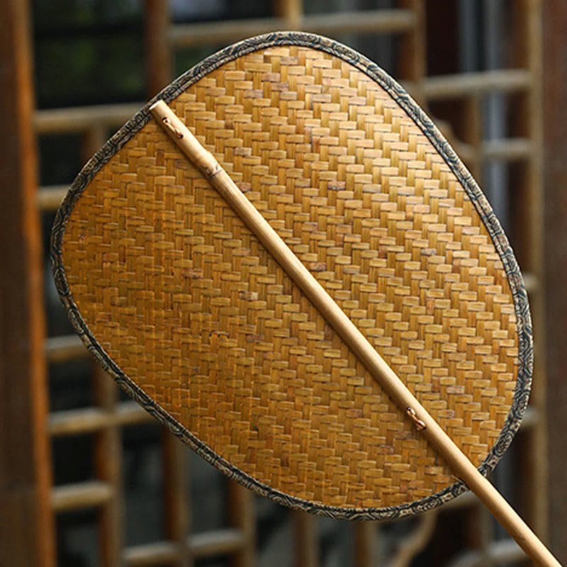 Buddha Stones Summer Retro Chinese Style Handmade Bamboo Woven Round Banana Shape Long Handle Fan - image 4