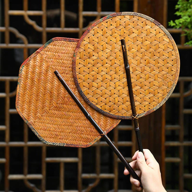 Buddha Stones Summer Retro Chinese Style Handmade Bamboo Woven Round Banana Shape Long Handle Fan - image 25