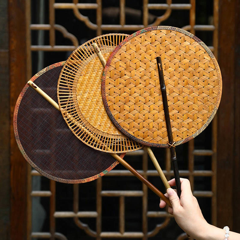 Buddha Stones Summer Retro Chinese Style Handmade Bamboo Woven Round Banana Shape Long Handle Fan - image 20