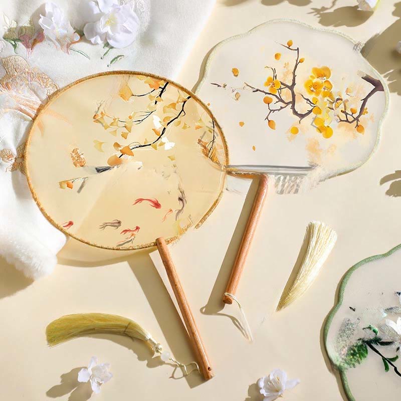 Buddha Stones Ginkgo Leaf Koi Fish Cherry Blossom Spring Flowers Handheld Wood Handle Fan - image 0