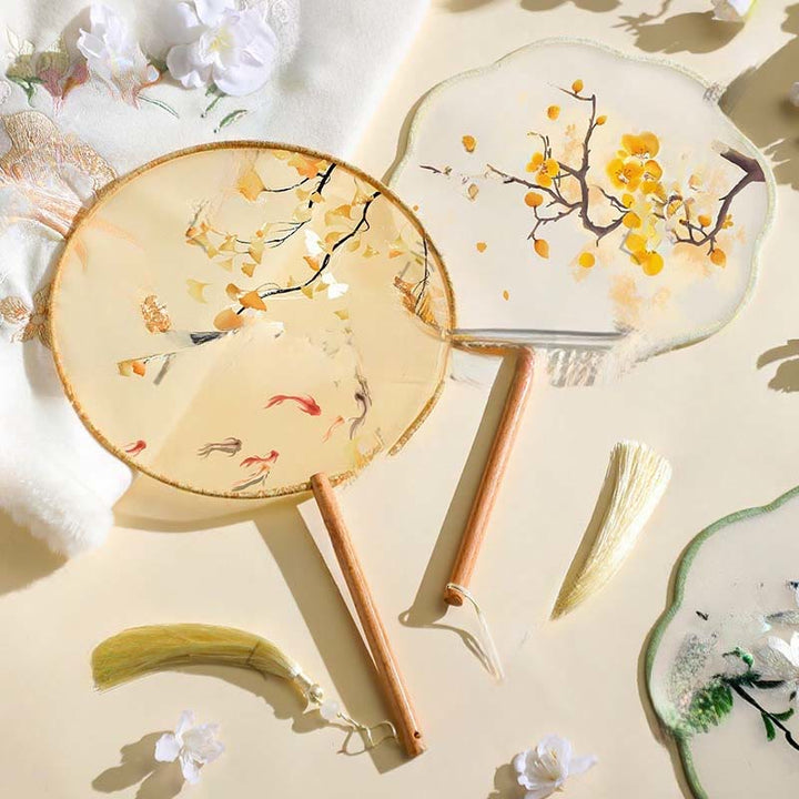 Buddha Stones Ginkgo Leaf Koi Fish Cherry Blossom Spring Flowers Handheld Wood Handle Fan - image 0