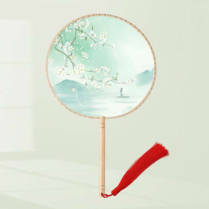 Buddha Stones Ginkgo Leaf Koi Fish Cherry Blossom Spring Flowers Handheld Wood Handle Fan - White Flower(Single-Sided Printing) 21*15cm - image 3