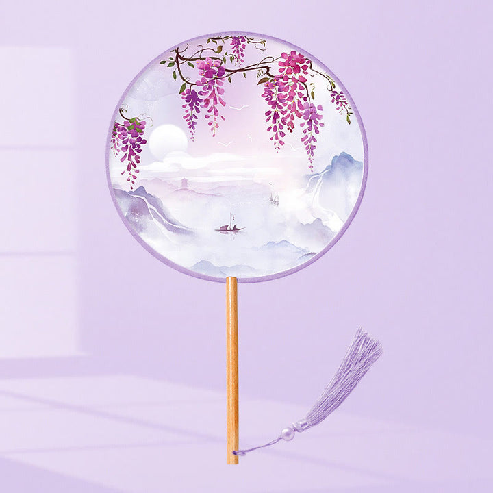 Buddha Stones Ginkgo Leaf Koi Fish Cherry Blossom Spring Flowers Handheld Wood Handle Fan - Wisteria 21*15cm - image 7