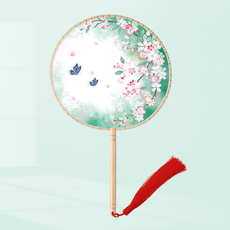 Buddha Stones Ginkgo Leaf Koi Fish Cherry Blossom Spring Flowers Handheld Wood Handle Fan - Butterfly Flying Pink Flower(Single-Sided Printing) 21*15cm - image 6