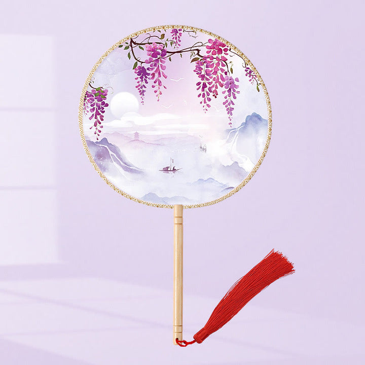 Buddha Stones Ginkgo Leaf Koi Fish Cherry Blossom Spring Flowers Handheld Wood Handle Fan - Moon Purple Flowers(Single-Sided Printing) 21*15cm - image 5