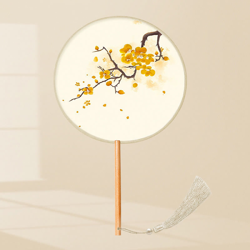 Buddha Stones Ginkgo Leaf Koi Fish Cherry Blossom Spring Flowers Handheld Wood Handle Fan - Small Yellow Flower 21*15cm - image 2