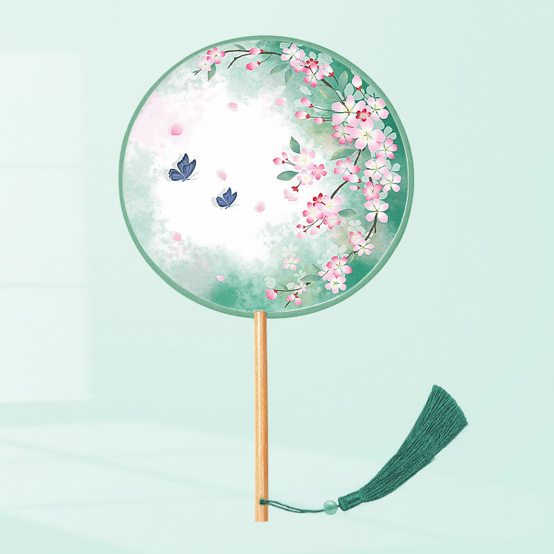 Buddha Stones Ginkgo Leaf Koi Fish Cherry Blossom Spring Flowers Handheld Wood Handle Fan - Butterfly Flower 21*15cm - image 8