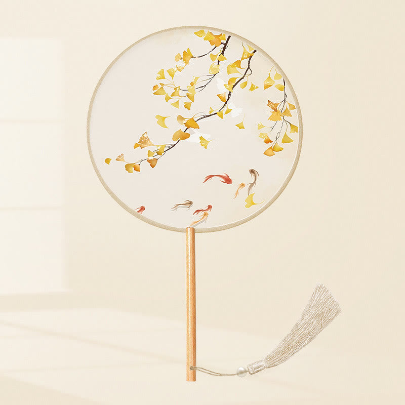 Buddha Stones Ginkgo Leaf Koi Fish Cherry Blossom Spring Flowers Handheld Wood Handle Fan - Ginkgo Leaf Koi Fish 21*15cm - image 1