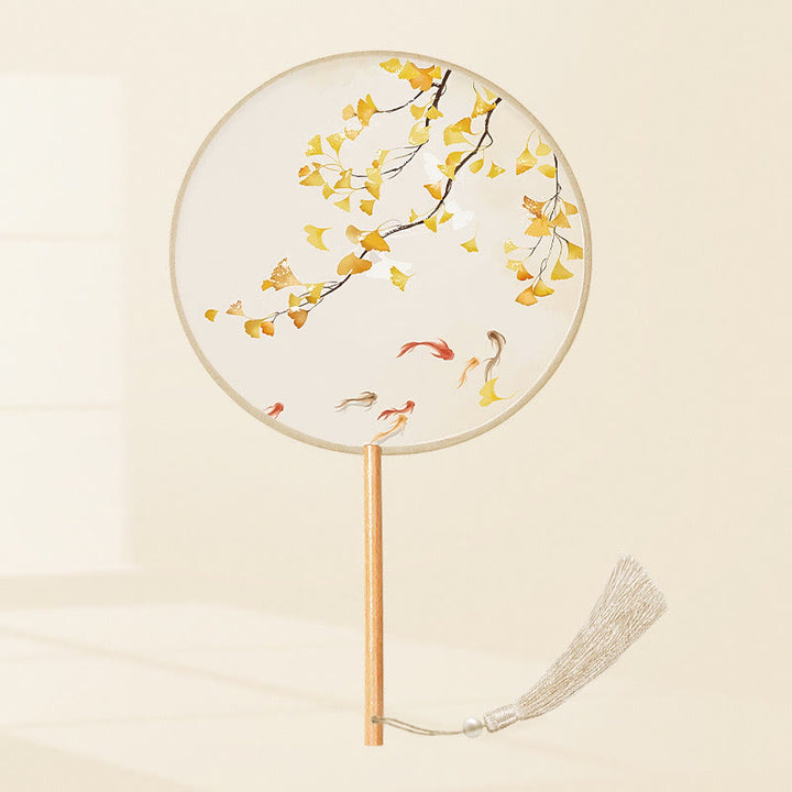 Buddha Stones Ginkgo Leaf Koi Fish Cherry Blossom Spring Flowers Handheld Wood Handle Fan - Ginkgo Leaf Koi Fish 21*15cm - image 1