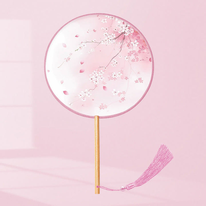 Buddha Stones Ginkgo Leaf Koi Fish Cherry Blossom Spring Flowers Handheld Wood Handle Fan - Pink Flower 21*15cm - image 9