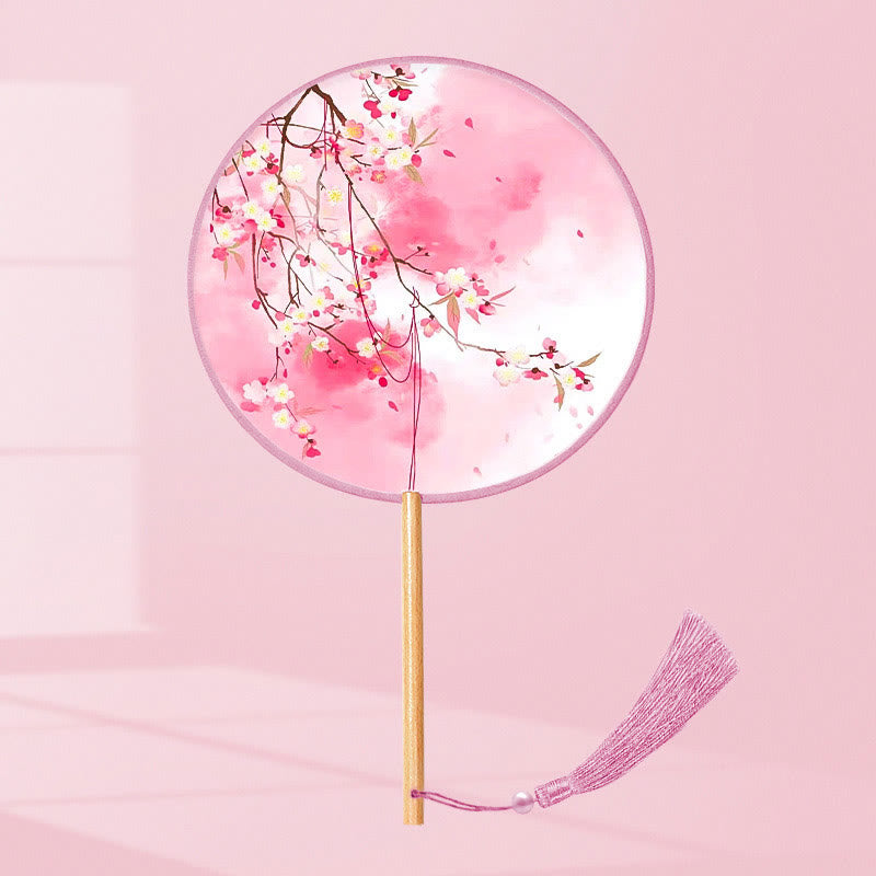 Buddha Stones Ginkgo Leaf Koi Fish Cherry Blossom Spring Flowers Handheld Wood Handle Fan - Pink White Flower 21*15cm - image 10