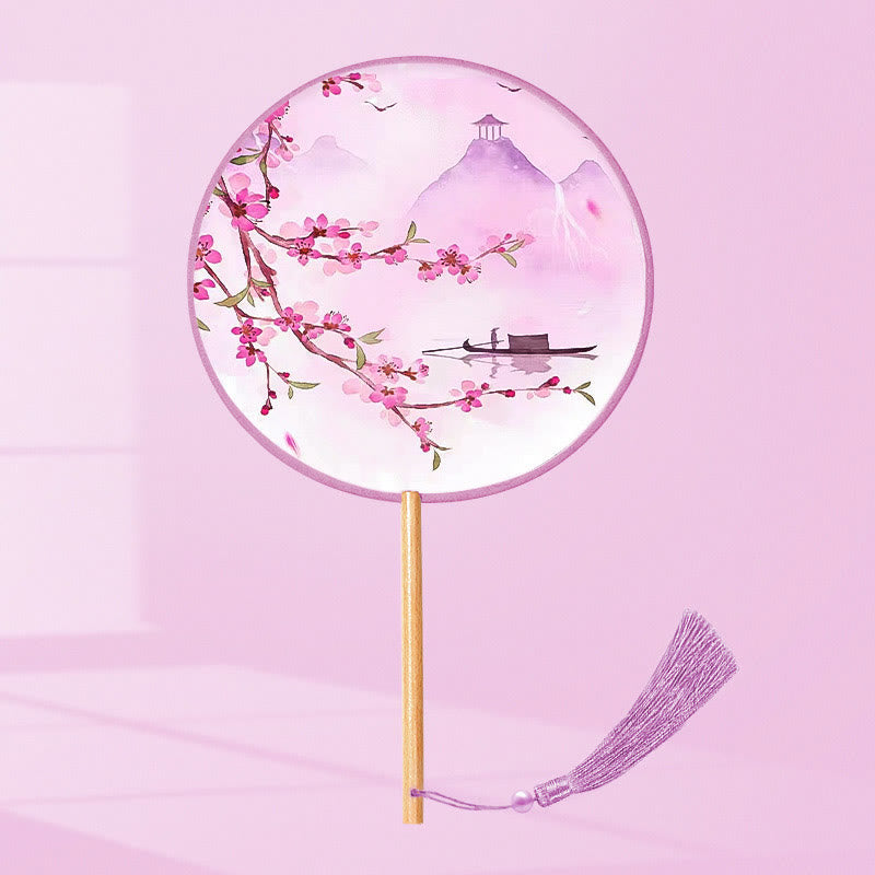 Buddha Stones Ginkgo Leaf Koi Fish Cherry Blossom Spring Flowers Handheld Wood Handle Fan - Purple Flowers Moon Boat 21*15cm - image 11