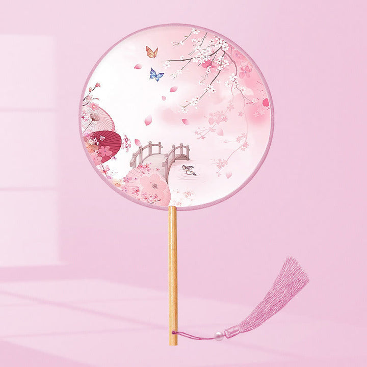 Buddha Stones Ginkgo Leaf Koi Fish Cherry Blossom Spring Flowers Handheld Wood Handle Fan - Bridge 21*15cm - image 13