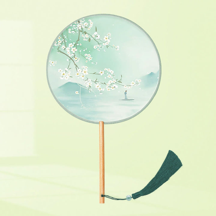 Buddha Stones Ginkgo Leaf Koi Fish Cherry Blossom Spring Flowers Handheld Wood Handle Fan - Green Spring 21*15cm - image 14