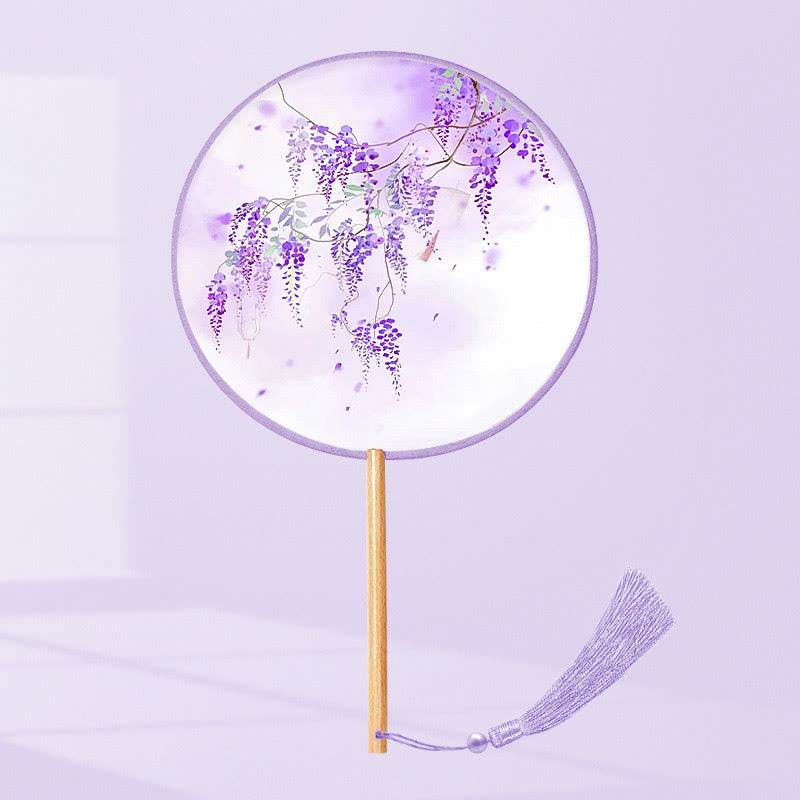 Buddha Stones Ginkgo Leaf Koi Fish Cherry Blossom Spring Flowers Handheld Wood Handle Fan - Purple Flowers 21*15cm - image 15
