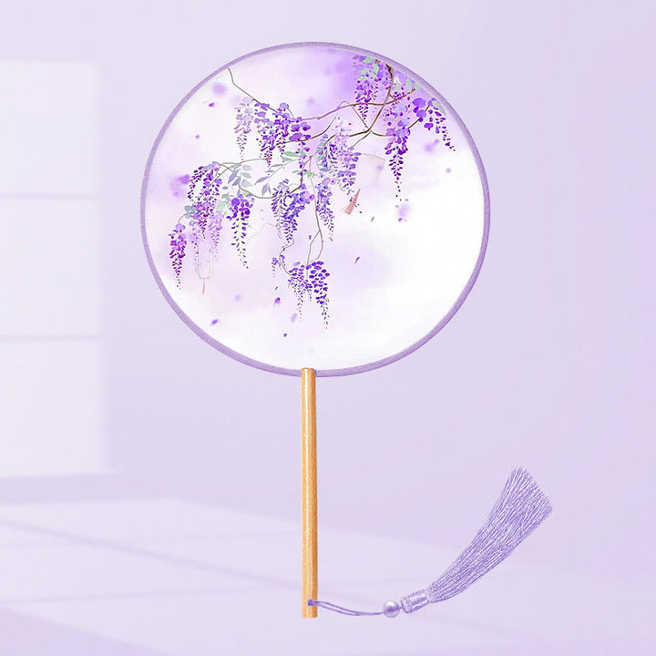 Buddha Stones Ginkgo Leaf Koi Fish Cherry Blossom Spring Flowers Handheld Wood Handle Fan - Purple Flowers 21*15cm - image 15
