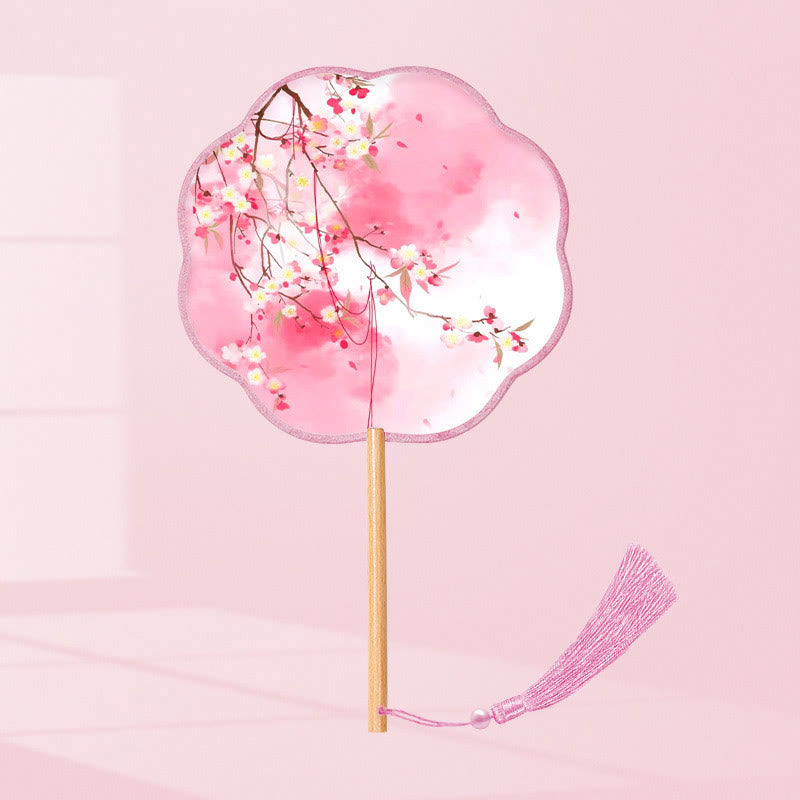Buddha Stones Ginkgo Leaf Koi Fish Cherry Blossom Spring Flowers Handheld Wood Handle Fan - (Eight-Petal Shape)Pink White Flower 21*15cm - image 16