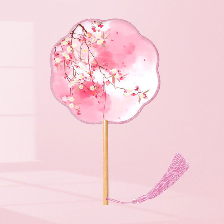 Buddha Stones Ginkgo Leaf Koi Fish Cherry Blossom Spring Flowers Handheld Wood Handle Fan - (Eight-Petal Shape)Pink White Flower 21*15cm - image 16